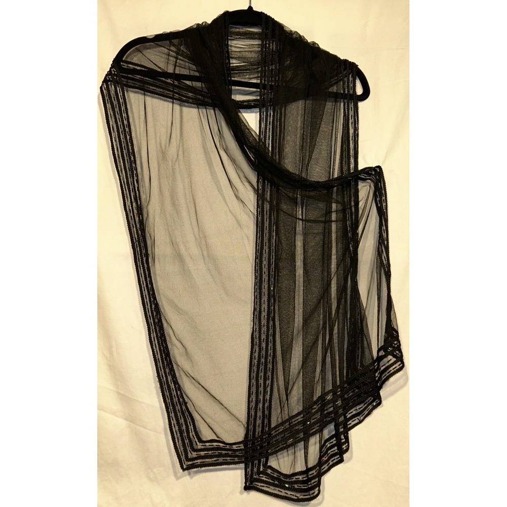 Black netting Scarf Witchcore Whimsygoth with Embroidered Ribbon and Sequins